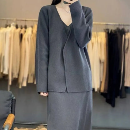 New Autumn Winter Cashmere Two Piece Sets Women Fashion Solid Color Long Sleeve Cardigan Coat + V-neck Sling Dress Elegant Suit