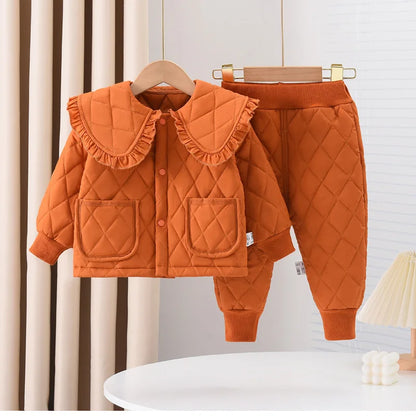 2025 Girls Winter Sets Baby Clip Cotton Warm Two-Piece Autumn New Children Lapel Solid Colour Fashion Casaual Suit 12M-6 Years