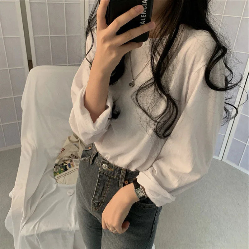 2024 Autumn Korean Fashion T-shirt Women Long Sleeve Winter Y2K Tee Shirt Femme Loose Basic Solid Clothes Women Tops Vintage