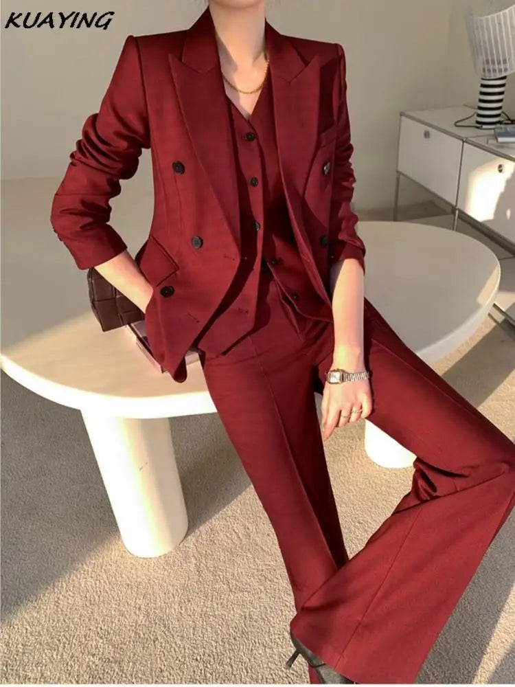 Korean Fashion Burgundy Business Blazer 3 Pieces Set Elegant Casual Jackets Coat Sleeveless Vest + Pant Suit Female Clothes New