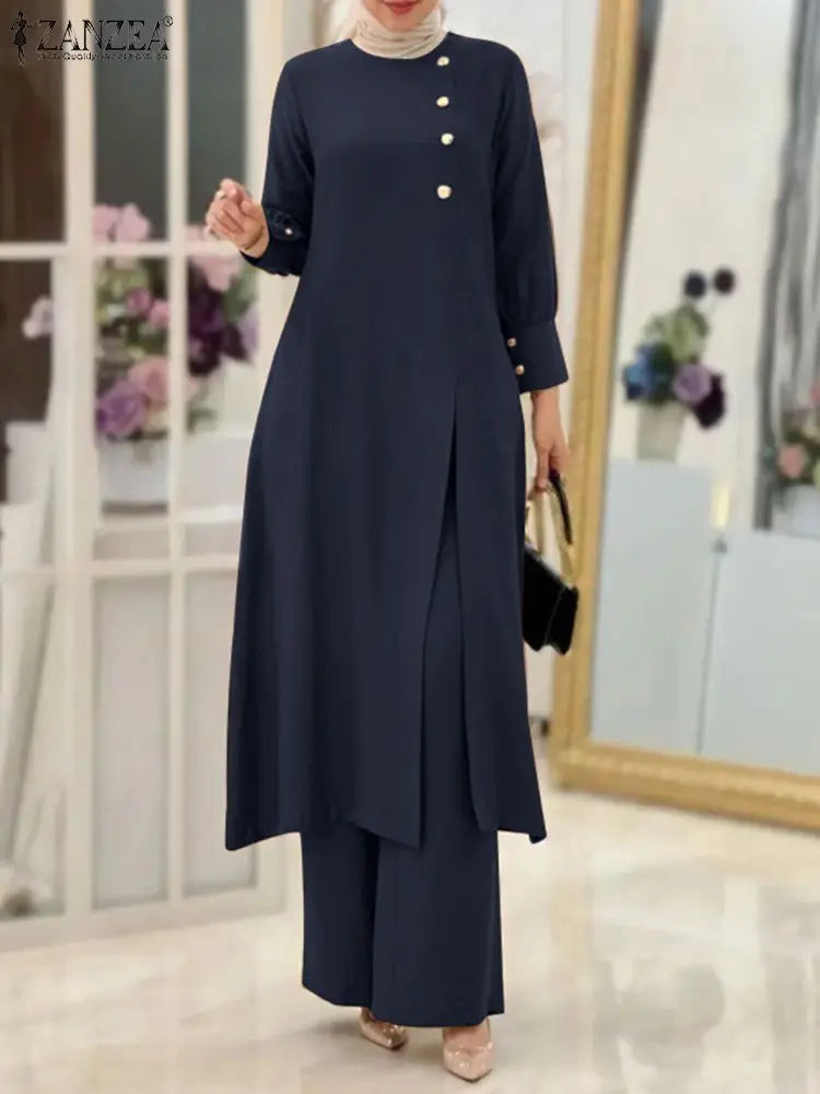 Abaya Matching Sets Fashion Long Shirt Tops & Wide Leg Pants Ramadan Outfits Tracksuits