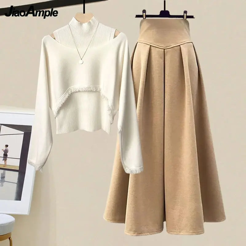 2025 Spring Autumn New Korean Elegant Knit Tassel Cover Up+Half High Collar Bottom Sweater+Midi Skirt 3 Piece Women Dress Suit