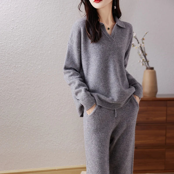 100% Pure Wool Knitted Suit Women's 24 Autumn Winter New Fashion POLO Collar Pullover Sweater Commuting Calf Pants Two-Piece Set