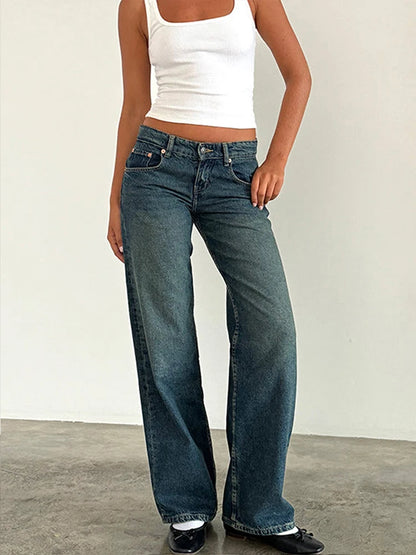 Women Vintage Aesthetic Y2k Low Rise Baggy Jeans Loose Fit Boyfriend Straight Wide Leg Jeans Trendy Stretch Long Denim Pants