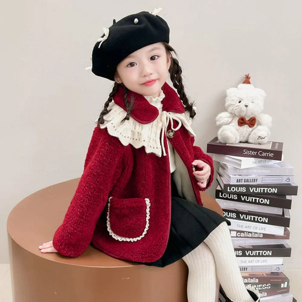 Girls Plus Velvet Thickened Coat Autumn and Winter New Style Little Girl Coat Autumn and Winter Lace Large Lapel Wool Sweater