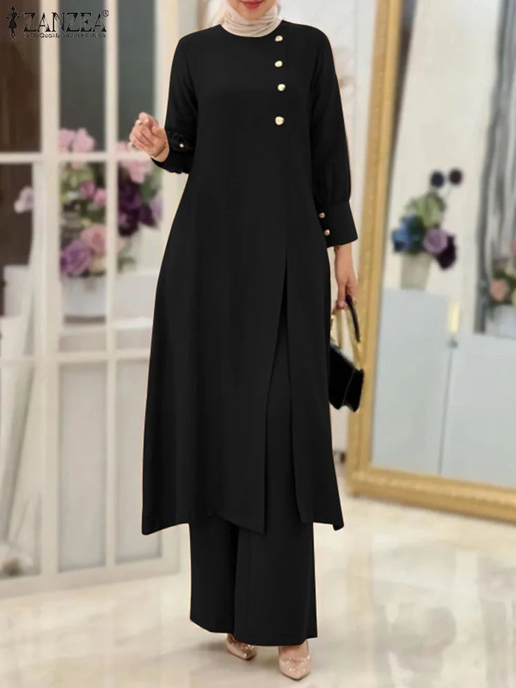 Abaya Matching Sets Fashion Long Shirt Tops & Wide Leg Pants Ramadan Outfits Tracksuits