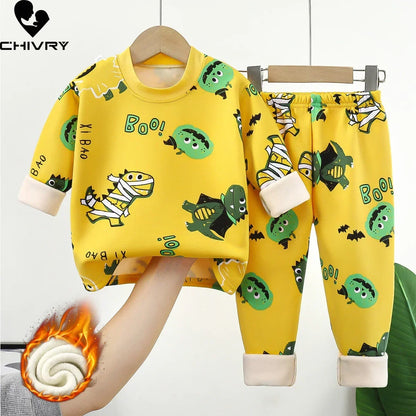 New 2025 Autumn Winter Kids Thicken Warm Pajamas Baby Boys Girls Cartoon Long Sleeve Pyjamas Toddler Sleepwear Clothing Sets