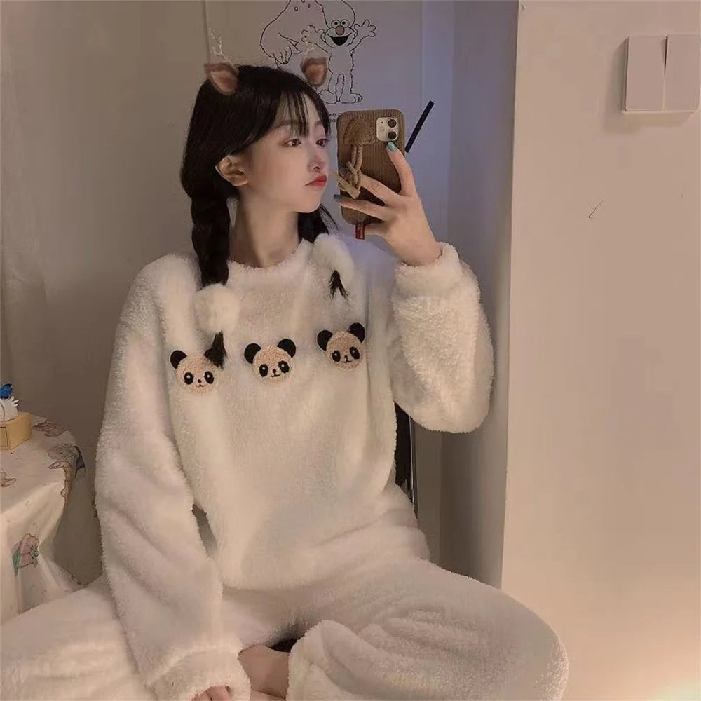 Autumn Winter Pijamas Kawaii Pajama Sets Women Cartoon Sweet Bear  Flannel Sleepwear Girl Pijama Mujer Night Suits Soft Homewear