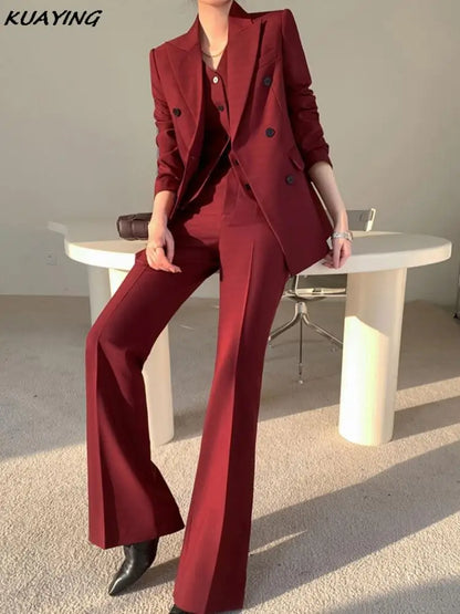 Korean Fashion Burgundy Business Blazer 3 Pieces Set Elegant Casual Jackets Coat Sleeveless Vest + Pant Suit Female Clothes New