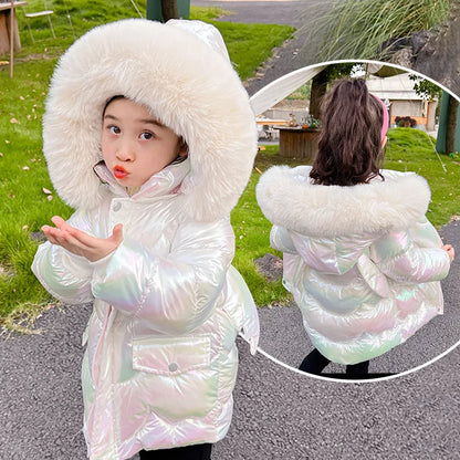 New Winter Girls Jacket Cute Wings Keep Warm Fur Collar Little Princess Coat Hooded Zipper Parka Snowsuit Windproof Outerwear