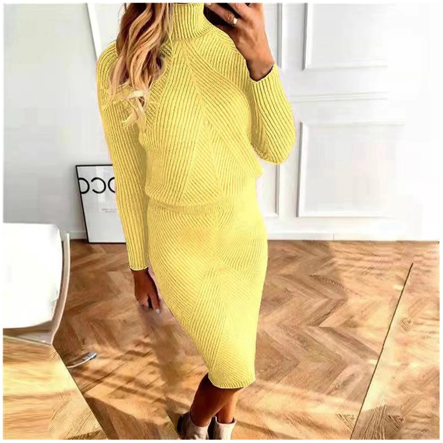 Winter Elegant Women'S Sets Korean Large Knitted Turtleneck Y2k Pencil Skirt Sets 2 Piece Outfit Office New In Matching Sets