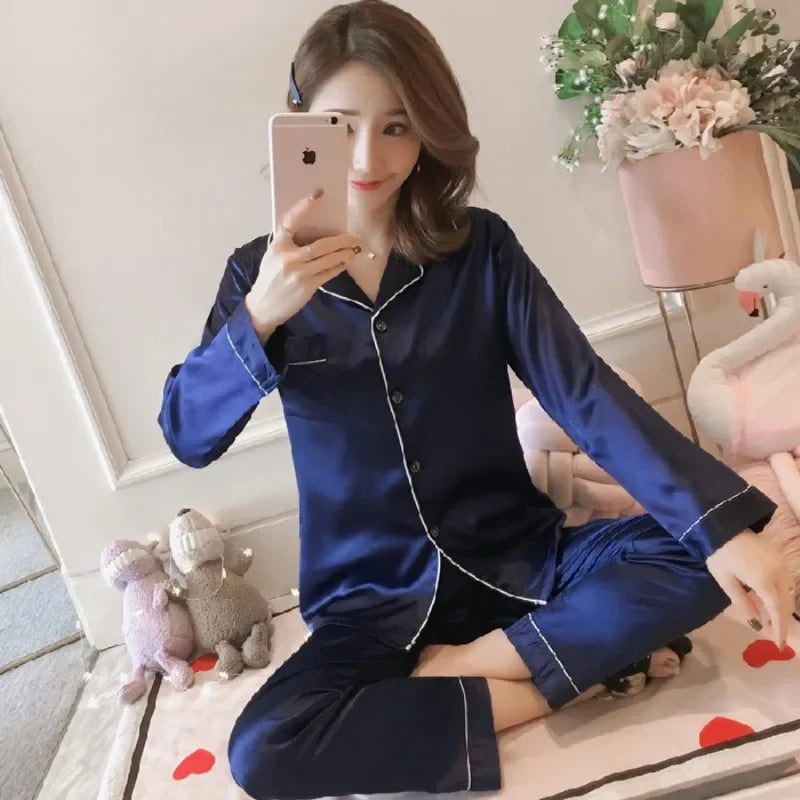 Silk Pajamas for Women Sexy Silk Women Pijama Sets Sleepwear Long-sleeve Cardigan Female Ice Silk Home Pijama Mujer Verano