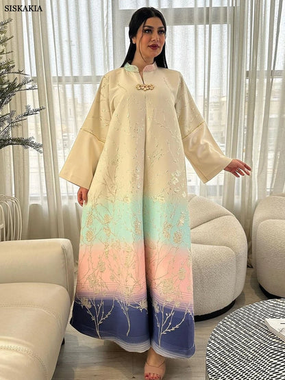 Dubai Fashion Floral Jacquard Gradient Color Elegant Long Dress Moroccan Arab Kaftan