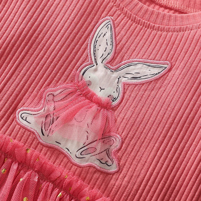 Little maven Baby Girls Kids Clothes Children's Clothing 2025 Autumn Cotton Cartoon Long Sleeves Rabbits Mesh Dresses 2-7 year