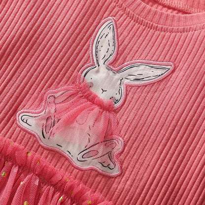 Little maven Baby Girls Kids Clothes Children's Clothing 2025 Autumn Cotton Cartoon Long Sleeves Rabbits Mesh Dresses 2-7 year