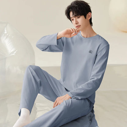 Men Pajamas Solid Color Casual Long Sleeves Long Pants Autumn Winter Simple Sleepwear Cozy Pijamas Soft Pyjamas Boys Nighty Male