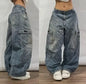 Street Vintage Jeans New Y2K Harajuku Wash blue Multiple pockets Baggy Jeans Denim Pants Mens Womens High Waist Wide Trousers