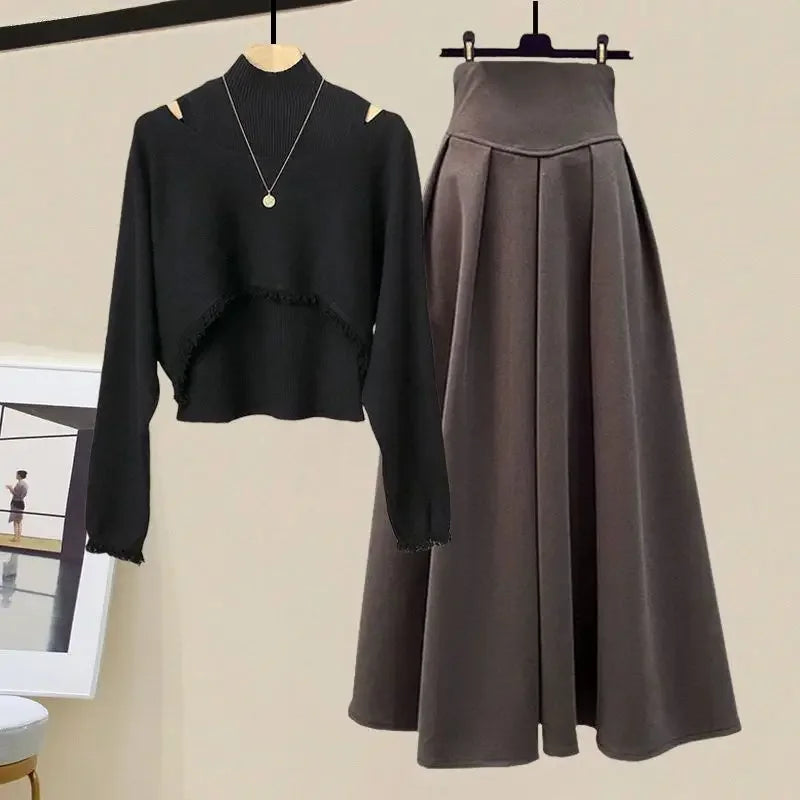 2025 Spring Autumn New Korean Elegant Knit Tassel Cover Up+Half High Collar Bottom Sweater+Midi Skirt 3 Piece Women Dress Suit