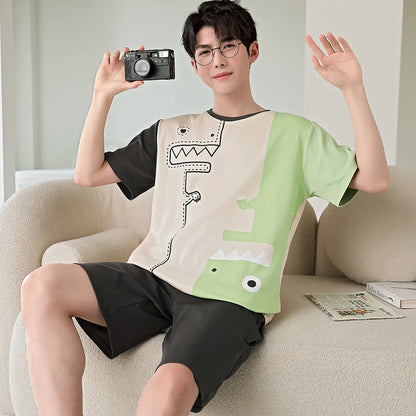 2025 Summer Men’s Sleepwear Cotton Cartoon Pajamas Sets For Man Short Loungewear Young Home Wear Fasion Student Pyjama Set Homme