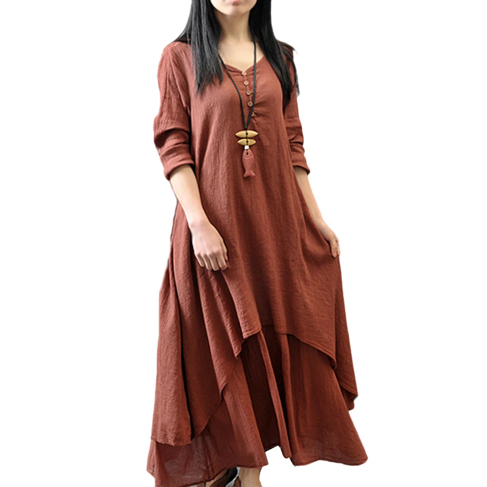 Spring Summer Women Long Cotton Linen Dress