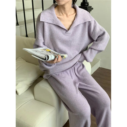 Autumn Cashmere Warm Soft Pants Suit Winter New Fashion Lapel V Neck Sweater Knitwear Casual Pants Women Two-piece Sets Elegant