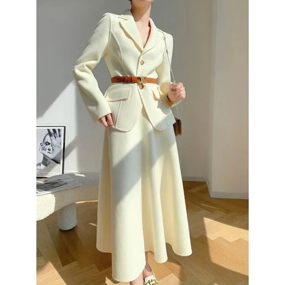 Insozkdg Cashmere Cotton Woolen Women Suit Jacket Skirt Set Temperament Elegant Office Lady Suit Blazer Long Skirt Two-piece Set