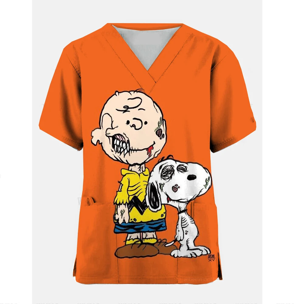 Medical Blouse Clinic Hospital Workwear Healthcare Nurse Snoopy print Uniform Carer Working Short Sleeve Tops Women T-shirt Nurs