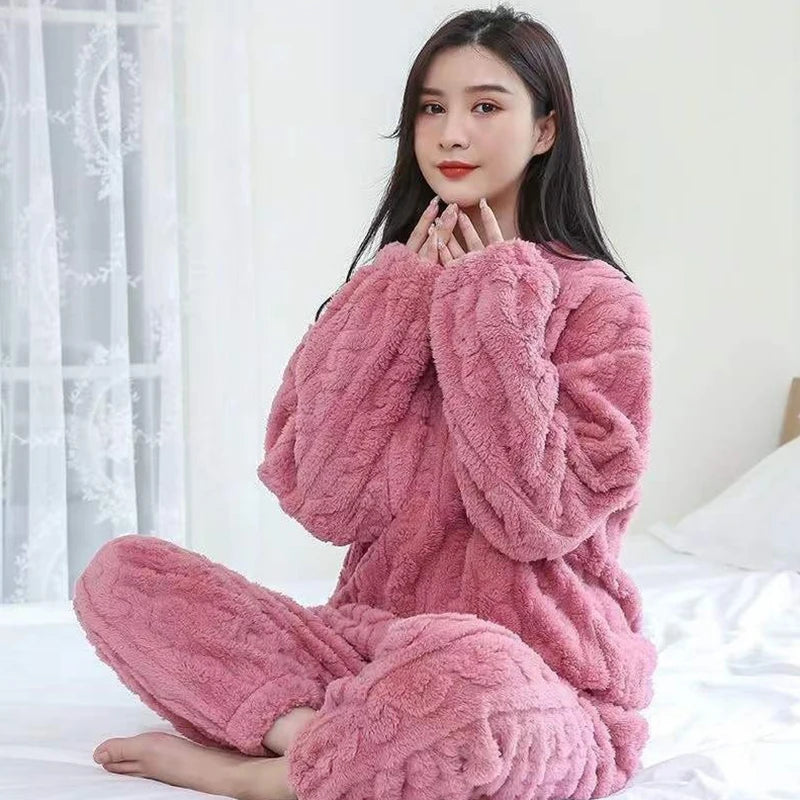 Autumn Women Solid Warm 2 Piece Sets Thicken Velvet Ribbed Fleece Set Pullover And Pants Women Casual