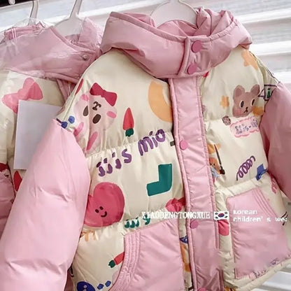 Winter Baby Girl Outerwear Coat Waterproof cloth Velvet Warm Kid Snowwear Jacket Thicken Cartoon Bear Little Girl Hooded Parka