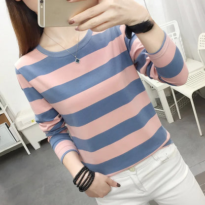 Autumn Loose Pure Cotton Long Sleeve T-shirt Women Clothing Middle-aged Mom Base Shirt Striped Top