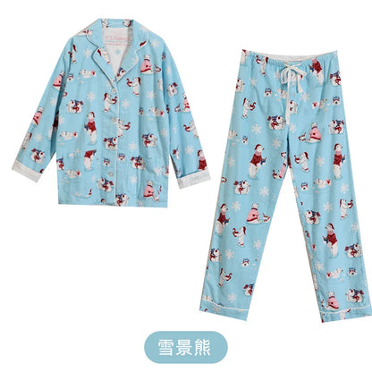 Autumn Women PJS Cotton Ground Wool Sleepwear Warm Thick Cartoon Long Sleeve Pants Pajamas Ladies Homewear