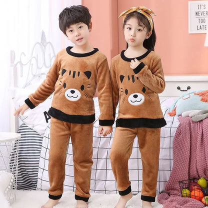 Children Winter Cartoon Pajamas Flannel Sleepwear Girls Nightwear Coral Fleece Kids Pijamas Homewear Boys Pyjama Teenage Clothes