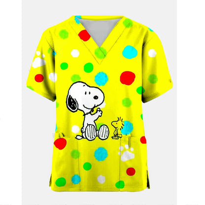 Medical Blouse Clinic Hospital Workwear Healthcare Nurse Snoopy print Uniform Carer Working Short Sleeve Tops Women T-shirt Nurs