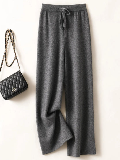 Autumn Winter Women's Cashmere Wide Leg Pants Basic Soft Casual Sashes Trousers 100% Merino Wool Knitwear Korean Popular Pants