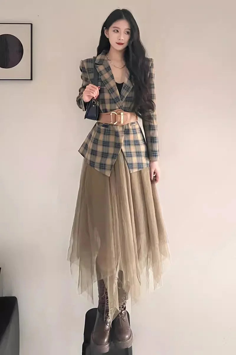 Romantic Tea Break Suit Jacket Small Fragrance Style Suit Plaid Princess Half Skirt Light Mature Imperial Sister Two-piece Set