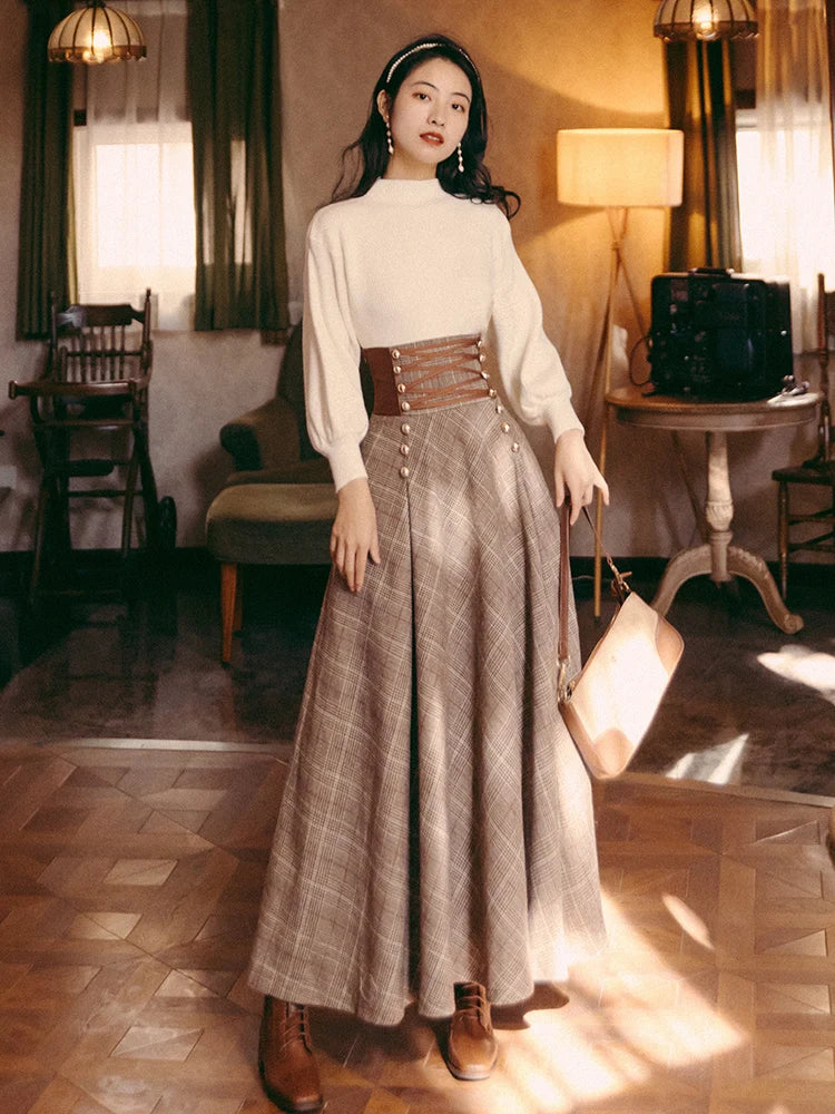 Autumn Winter Maxi Plaid Long Skirt Women High Waist Lace Up A-Line Woolen Skirts Elegant Long Faldas Mujer