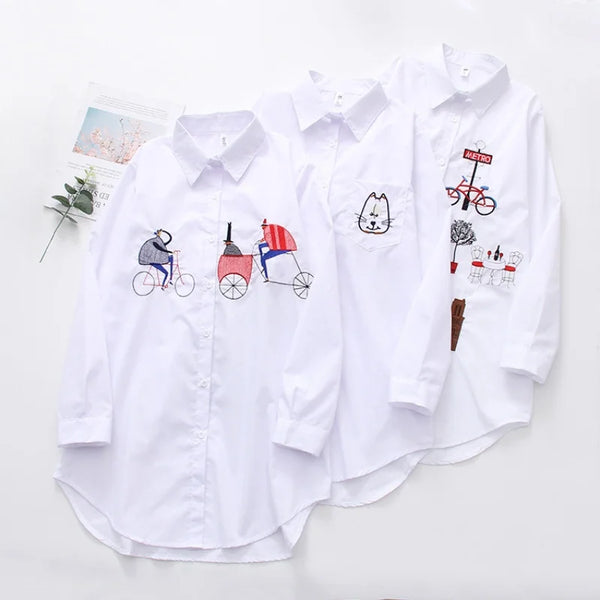 Fashion Long Sleeve Women Shirts Embroidery Cotton White Blouses Office Lady Elegant Loose Tops