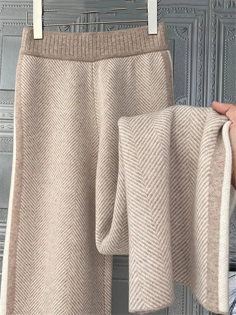 Autumn Winter Knitted Wide Leg Pants Womens Warm Thicken Striped Straight Pantalones Korean Knit High Waist Oversize 4xl Trouser