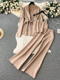 Autumn Knitted 3 Piece Set Women Loose Belt Cardigan+Tank Tops+Wide Legs Long Pants Female Korea Fashion Solid Sweater Suits New