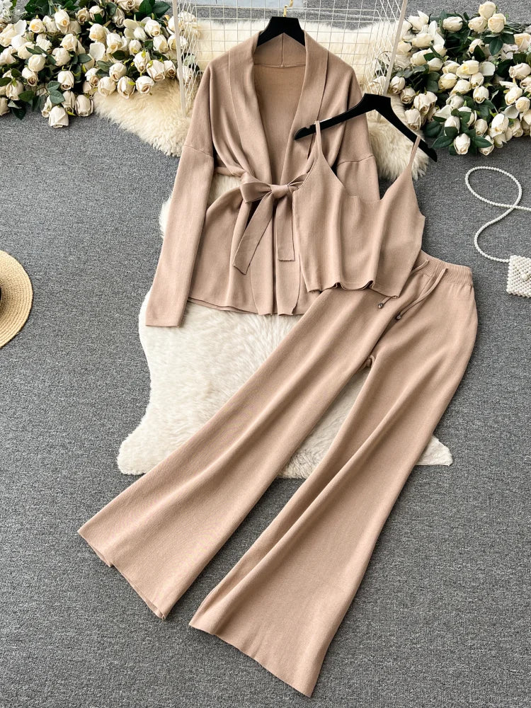 Autumn Knitted 3 Piece Set Women Loose Belt Cardigan+Tank Tops+Wide Legs Long Pants Female Korea Fashion Solid Sweater Suits New