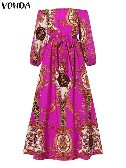 VONDA Women Printed Party Dress 2024 Sexy Off Shoulder Long Lantern Sleeve Bohemian Sundress Belted Vintage Maxi Robe Oversized