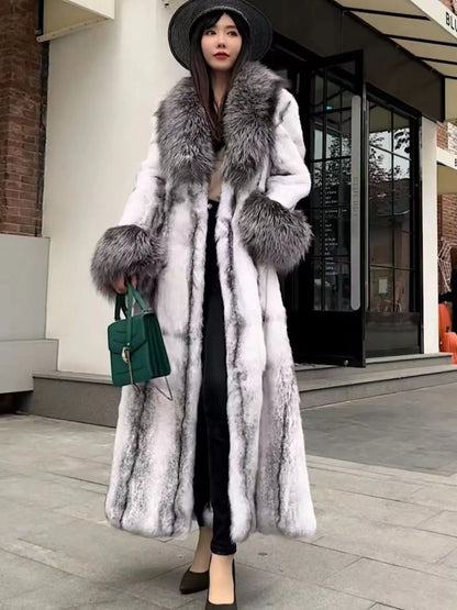 Luxury Real genuine natural rabbit fur coat with fox fur collar fox fur cuff women's fashion