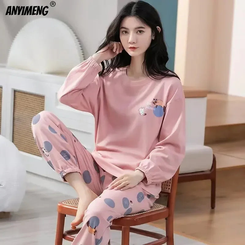 M-5XL Big Size Autumn Spring Pajamas Set for Women Kawaii Printing Sleepwear for Girl Fashion Long Sleeve O-neck Woman's Pijamas