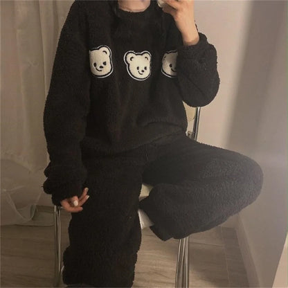 Autumn Winter Pijamas Kawaii Pajama Sets Women Cartoon Sweet Bear  Flannel Sleepwear Girl Pijama Mujer Night Suits Soft Homewear