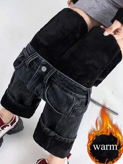 Women Vintage Loose Straight Jeans Winter Warm High Waist Velvet Lined Wide Leg Denim Pants Korean Thicken Casual Chic Vaqueros