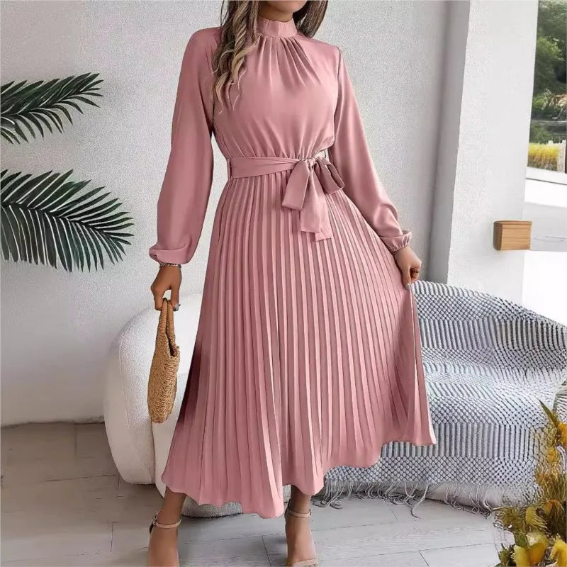 Autumn and winter elegant stand up collar long sleeved waist cinched pleated long skirt small dress women's solid color dress