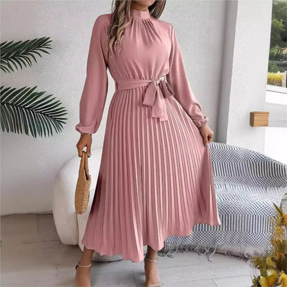 Autumn and winter elegant stand up collar long sleeved waist cinched pleated long skirt small dress women's solid color dress