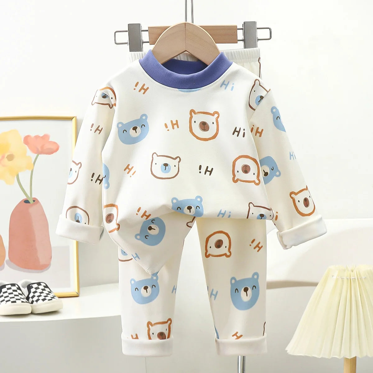 New Kids Autumn Warm Pajamas Boys Girls Cute Cartoon Bear Long Sleeve T-Shirt Top + Pants Baby Sleepwear Underwear Clothing Sets