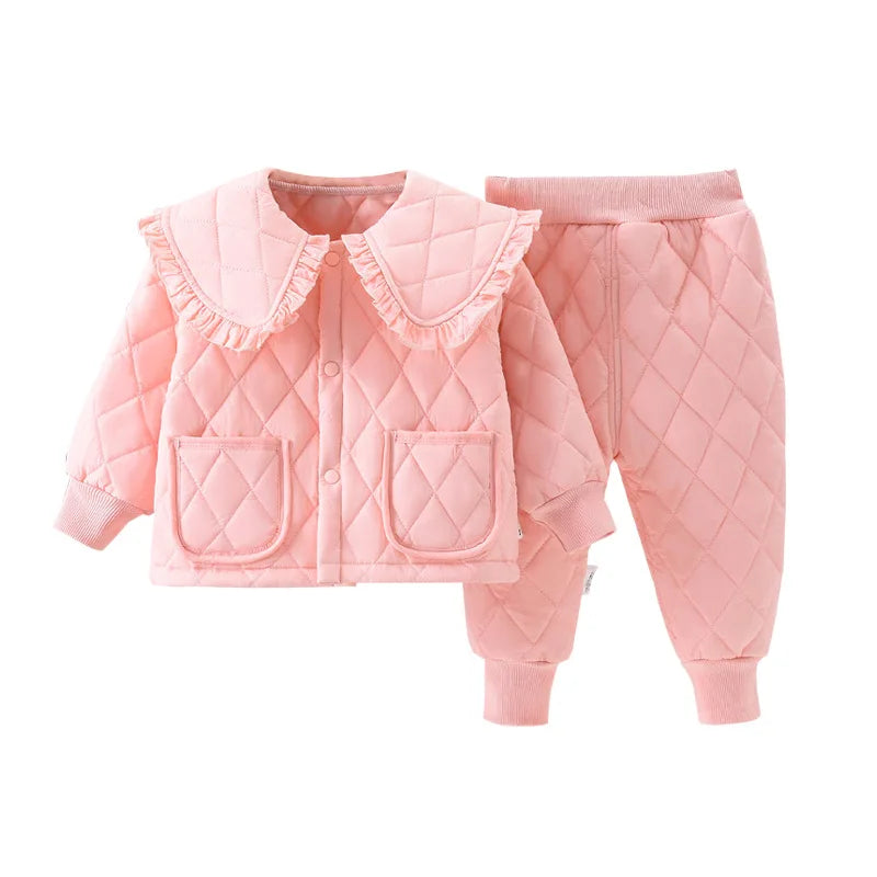 2025 Girls Winter Sets Baby Clip Cotton Warm Two-Piece Autumn New Children Lapel Solid Colour Fashion Casaual Suit 12M-6 Years