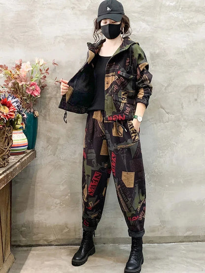 Fashion Autumn and Winter Women's New Cashmere Thick Coat Loose Haren Pants Temperament Print Trend Two-piece Set